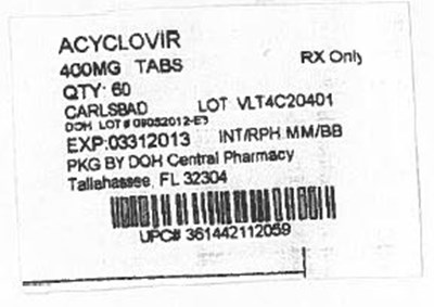 Package Label – Principal Display Panel (Acyclovir 400mg Carlsbad)